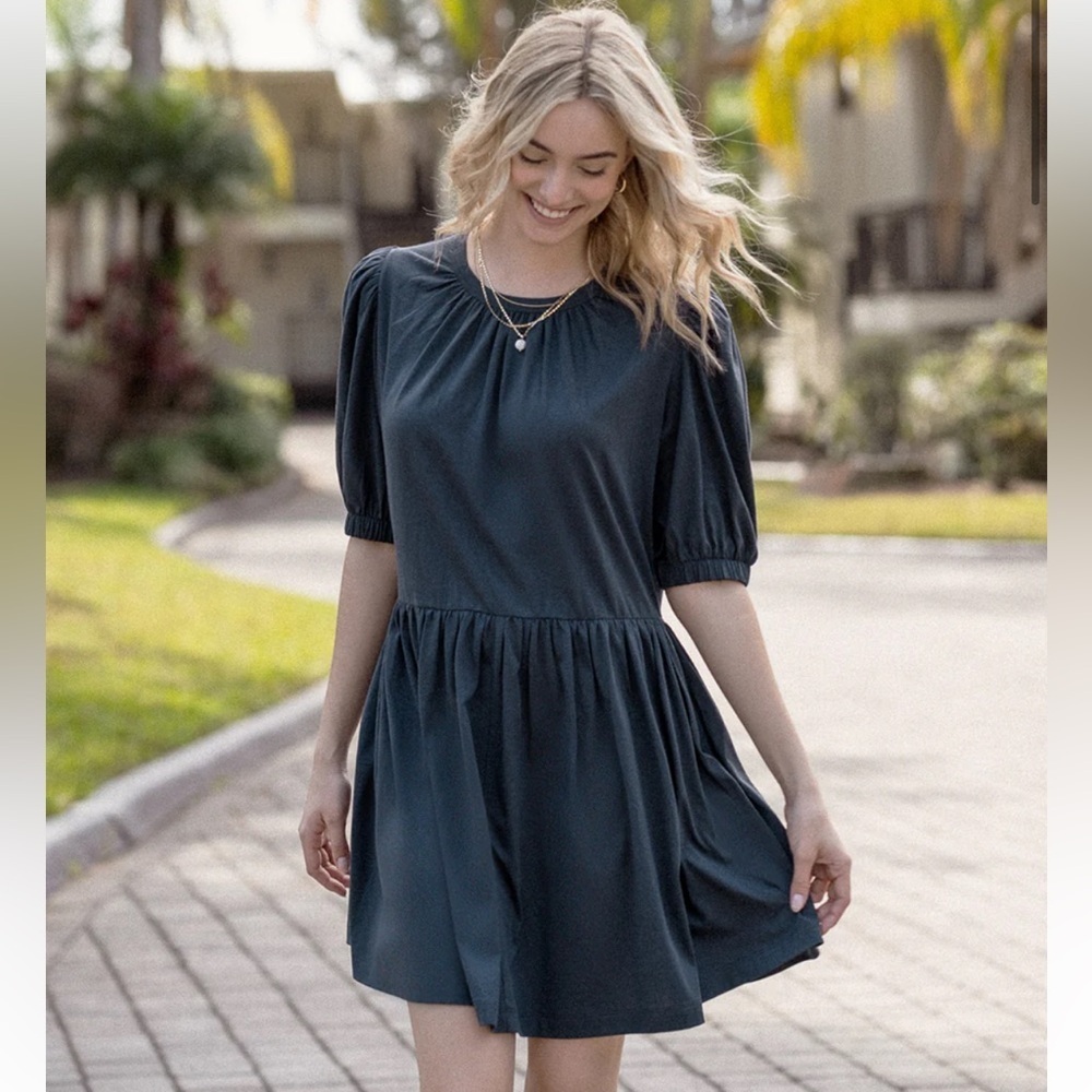 Summersalt The Luxe Pima Puff-Sleeve Mini Dress in midnight blue size small